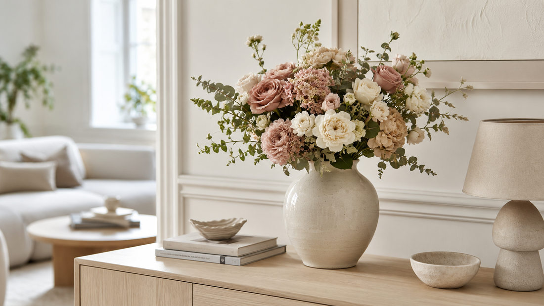 Kunstig blomsterbukett i beige keramikkvase på et lyst nordisk konsollbord